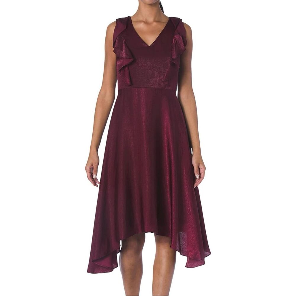 Kensie Midi Dress Womens Size 10 Burgundy V-Neck Sleeveless Hammered Satin